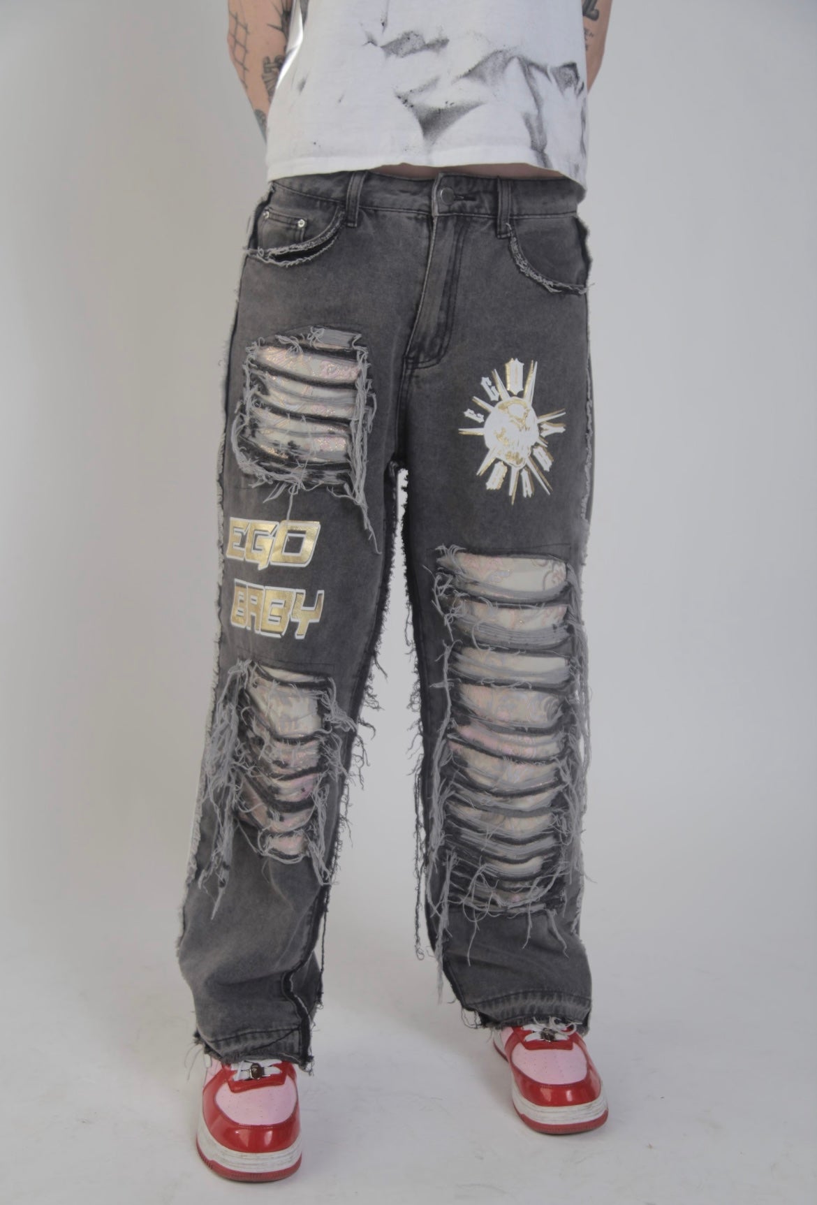 1-1 Washed Gray Mega Rip Pants