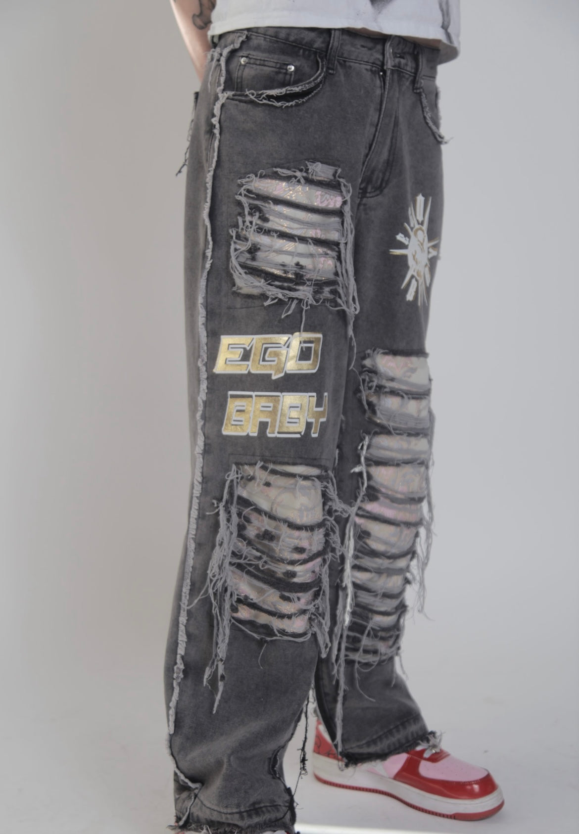 1-1 Washed Gray Mega Rip Pants